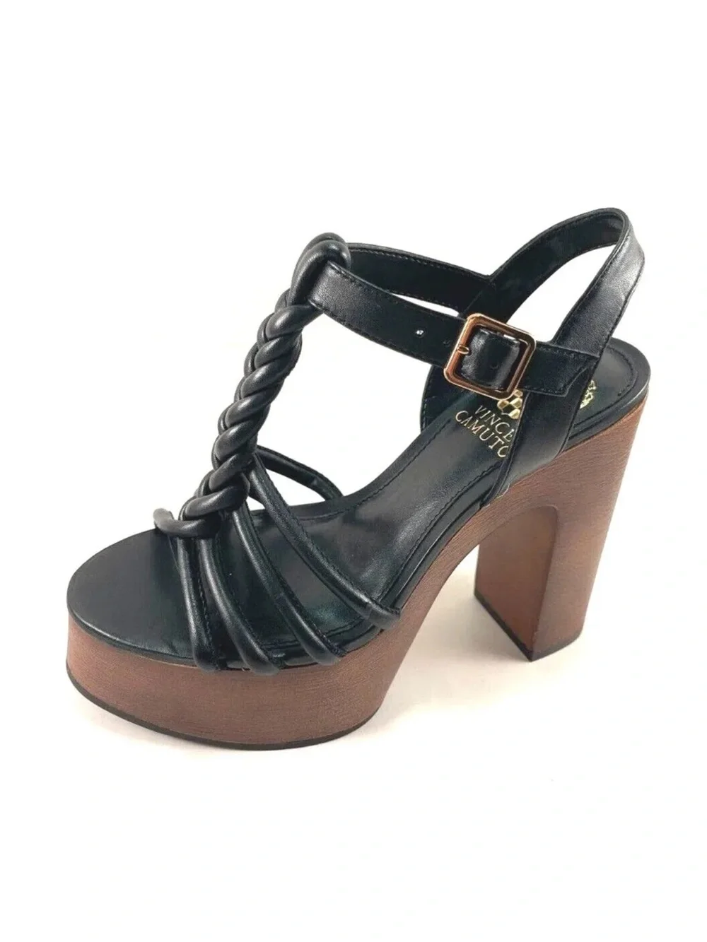 Vince Camuto Black Braided T-Strap Platform Sandal with Wood-Look Heel